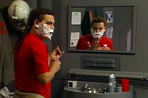 Lister from Red Dwarf shaving